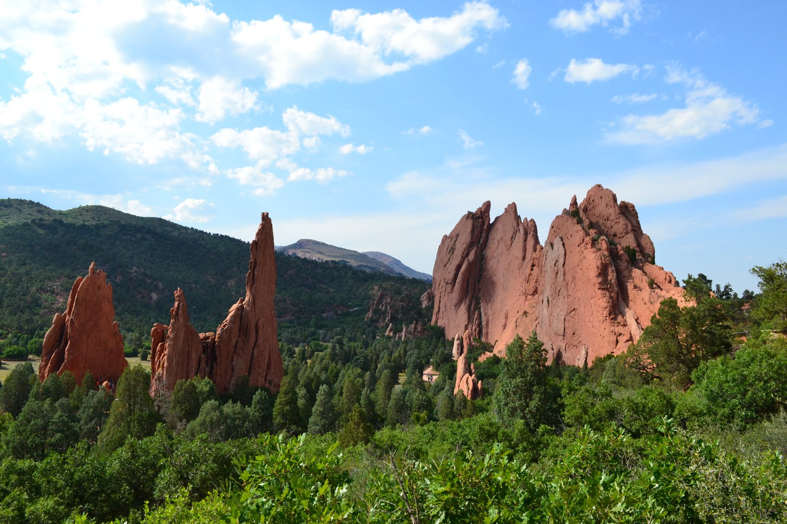 Red sandstone fins rising out of the green